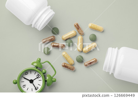 Supplement tablet, vitamin capsule with medical bottle and alarm clock on green background 126669449