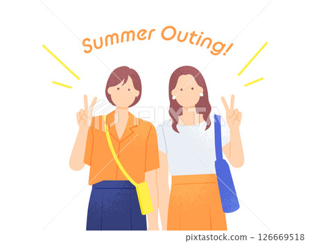 兩個年輕女孩做出和平手勢的向量插圖，描繪了女性享受夏日郊遊的場景 126669518