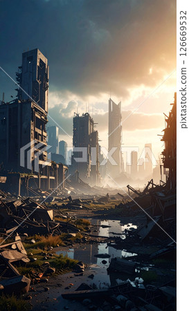 A ruined near-future city (AI-generated image) 126669532