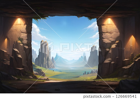 遊戲背景：有人造光的山路地牢隧道出口 126669541