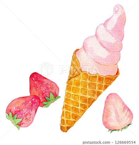水彩插圖:草莓軟冰淇淋 水彩插圖:草莓軟冰淇淋 126669554