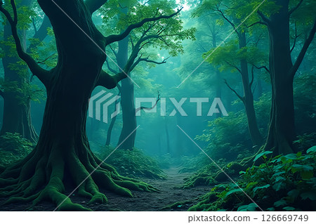 Fabric of the Outdoors dreamlike imagery of giant leaves sewn together like quilts in a surreal fantasy forest 126669749