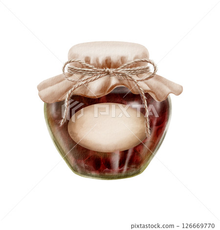 Cherry jam jar watercolor illustration. Vintage fabric lid with twine bow, oval label. Hand-painted rustic preserves pot for packaging, culinary branding, kitchen decor, homemade goods labels Cherry jam jar watercolor illustration. Vintage fabric lid with twine bow, oval label. Hand-painted rustic preserves pot for packaging, culinary branding, kitchen decor, homemade goods labels 126669770