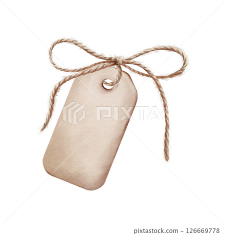 Vintage rectangular tag with rounded corners watercolor illustration.Twine bow through hole, rustic hand-painted label for packaging, gift wrapping, wedding favors and artisan branding projects Vintage rectangular tag with rounded corners watercolor illustration.Twine bow through hole, rustic hand-painted label for packaging, gift wrapping, wedding favors and artisan branding projects 126669778