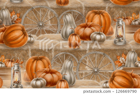 Autumn paved pattern of hay bales topped with pumpkins accompanied by rustic wooden crates filled with autumn harvest.Vintage kerosene lamp and an old wagon wheel complete fall border Autumn paved pattern of hay bales topped with pumpkins accompanied by rustic wooden crates filled with autumn harvest.Vintage kerosene lamp and an old wagon wheel complete fall border 126669790