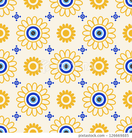 Evil eye Greek seamless pattern. Vector background with blue beads. Turkish nazar - ethnic symbol of protection energy and luck. Mystic amulet with meander ornament. Cute cosmic design Evil eye Greek seamless pattern. Vector background with blue beads. Turkish nazar - ethnic symbol of protection energy and luck. Mystic amulet with meander ornament. Cute cosmic design 126669885