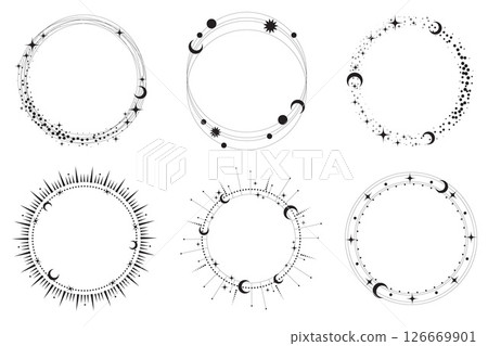 Circle frame with star dust. Round celestial border with sparkles on white background. Magic cosmic rings with astrology symbols. Spiritual elements for Christmas and astrology design 126669901