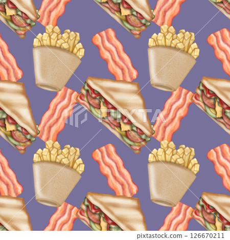 Seamless pattern Breakfast cute hand drawn style cartoon background colorful.  126670211