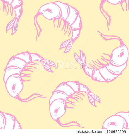 Shrimps vector seamless pattern. Hand drawn Marine illustrations of pink engraved line on Yellow background. La Dolce Vita themed print, inspired by Summer Italian aesthetic. 126670309