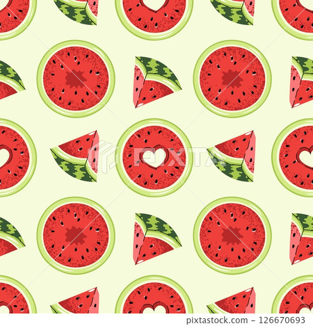 Flat Style Seamless Pattern with Watermelon Slice. Vibrant Fruit Texture for Summer Themed Designs and Creative Projects. 126670693