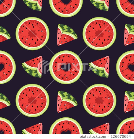 Flat Style Seamless Pattern with Watermelon Slice. Vibrant Fruit Texture for Summer Themed Designs and Creative Projects. 126670694