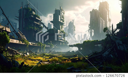 A ruined near-future city (AI-generated image) 126670726