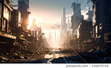 A ruined near-future city (AI-generated image) 126670729