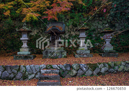 The grounds of Kanazakura Shrine, with its historic stone shrine and lanterns amid autumn foliage The grounds of Kanazakura Shrine, with its historic stone shrine and lanterns amid autumn foliage 126670850