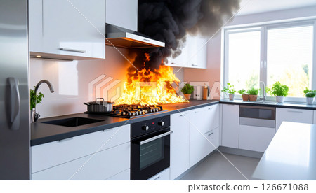 Image of a kitchen fire (AI-generated image) 126671088