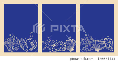 La Dolce Vita themed Cards set with Seafood. Oysters, Shrimp, Scallop, Sardines print on dark blue background. Monochrome vector inspired by Summer Italian aesthetic for cafe and seafood menu. La Dolce Vita themed Cards set with Seafood. Oysters, Shrimp, Scallop, Sardines print on dark blue background. Monochrome vector inspired by Summer Italian aesthetic for cafe and seafood menu. 126671133
