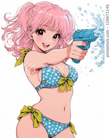 Illustration of a woman in a swimsuit holding a water gun Illustration of a woman in a swimsuit holding a water gun 126671148