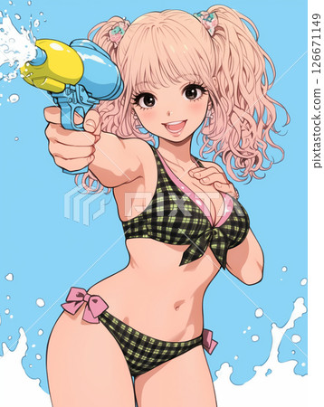 Illustration of a woman in a swimsuit holding a water gun 126671149