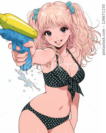 身穿泳衣、手持水槍的女子插圖 126671150