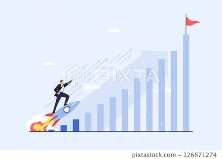 Businessman on rocket, concept of startup, business start, goal achievement, fast career and income growth. Flat cartoon vector illustration. 126671274