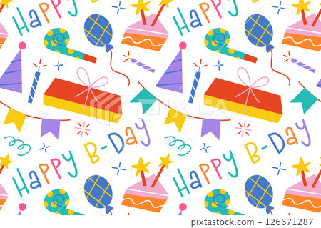 Seamless birthday pattern. Hand lettering happy b-day, cake with candles, party poppers, balloons, confetti. Cartoon vector illustrations. Kids wrapping paper, party decor, greeting cards, posters 126671287