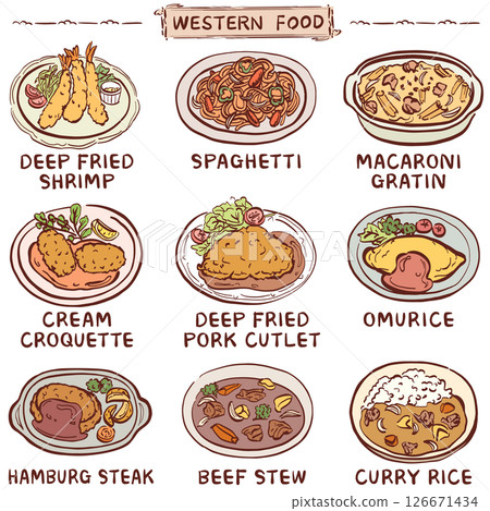 一組流行的西餐菜單項目插圖 126671434