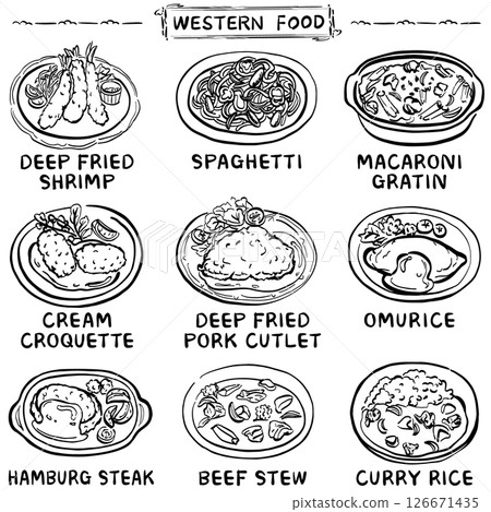 Illustration set of popular Western dishes (1 color) 126671435