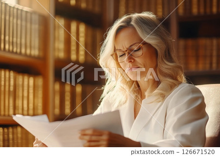 Female lawyer reviewing legal documents in a bright office setting with determination 126671520