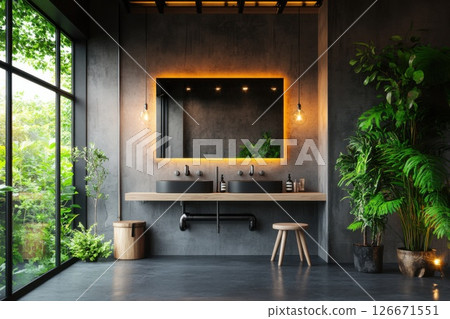 Industrial style bathroom featuring warm lighting and water filtration system with concrete flooring 126671551
