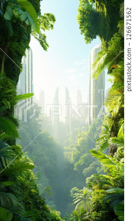 Futuristic skyline merges harmoniously with lush rainforest in vibrant daylight setting 126671562