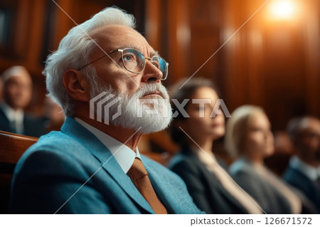 Courtroom jury members focus intently on the prosecutor delivering an important speech in trial 126671572