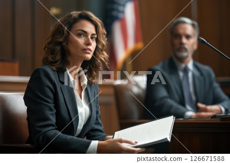 Female lawyer consults with defendant before trial discussing case details and strategy 126671588