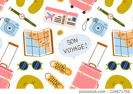 Seamless travel pattern in playful cartoon style. Vector illustrations of suitcase, travel pillow, sneakers, sunglasses, plane ticket, hand lettering bon voyage. Travel accessories, gift wrap, textile Seamless travel pattern in playful cartoon style. Vector illustrations of suitcase, travel pillow, sneakers, sunglasses, plane ticket, hand lettering bon voyage. Travel accessories, gift wrap, textile 126671708