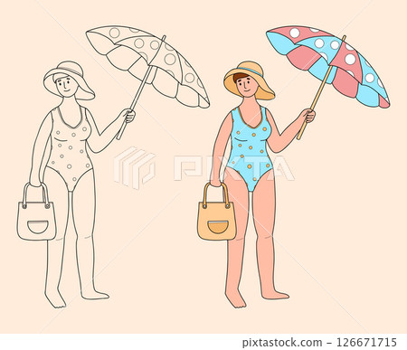 Cute Woman in Swimsuit and Hat with bag and Beach umbrella From Sun. Female Character on summer vacation. Isolated Color and Outline linear hand drawing. Vector illustration Cute Woman in Swimsuit and Hat with bag and Beach umbrella From Sun. Female Character on summer vacation. Isolated Color and Outline linear hand drawing. Vector illustration 126671715