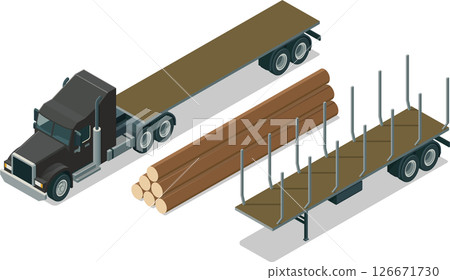 Isometric logging truck trailer empty flatbed 126671730