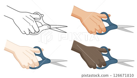 一手拿著剪刀的單色線條畫,以及亞洲人、高加索人和黑人拿著剪刀的手的變化 一手拿著剪刀的單色線條畫,以及亞洲人、高加索人和黑人拿著剪刀的手的變化 126671810