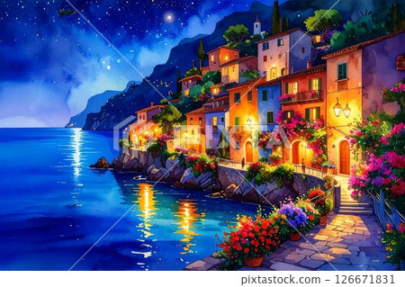 Night view of houses along the coastline 126671831