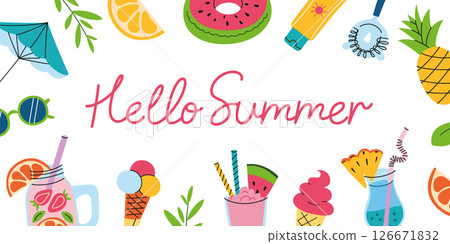 Bright summer banner template with hand drawn lettering hello summer, vector illustrations of ice cream, sunglasses, lemonade, fruits. Flat cartoon design for postcards, summer sales, invitations Bright summer banner template with hand drawn lettering hello summer, vector illustrations of ice cream, sunglasses, lemonade, fruits. Flat cartoon design for postcards, summer sales, invitations 126671832