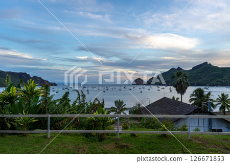 Taiohae Bay at sunset with sailboats in Nuku Hiva, Marquesas Islands, French Polynesia 126671853