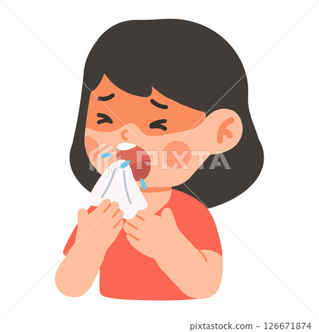 Cartoon Illustration of Sick Girl Sneezing 126671874
