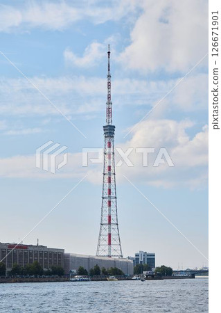 Moscows Iconic and Stunning Television Tower Under Beautiful Blue Skies as a Landmark 126671901