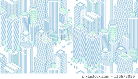 城市景觀背景。高樓林立的城市景觀插圖。辦公大樓和商業大樓。 126672089