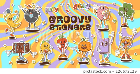 Cartoon groovy characters stickers pack. Vinyl record, donut, pumpkin, strawberry and suitcase, lemon, disco ball, clover and crescent moon on retro swirl background evoking party fun and nostalgia 126672129