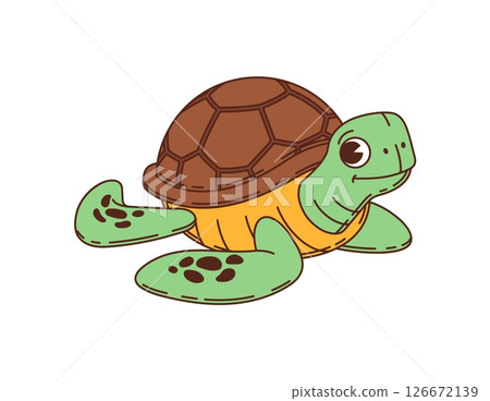 Retro cartoon groovy kids toy turtle character with funny face, vector personage. Groovy toy or sea turtle and underwater animal with cute muzzle face for kids toy character and comic cheerful emoji 126672139