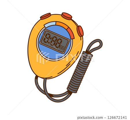 Cartoon groovy vector yellow sports stopwatch with red buttons coiled cord and digital display. Isolated Y2K vintage sport equipment for time management, tracking, timekeeping in athletics activities 126672141