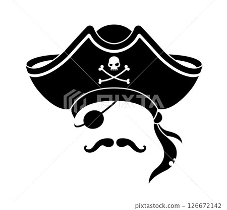Photo booth mask with pirate tricorn hat and eye patch, skull crossbones, moustaches and feathers. Isolated vector black corsair sailor face silhouette, swashbuckling skipper, captain costume template 126672142