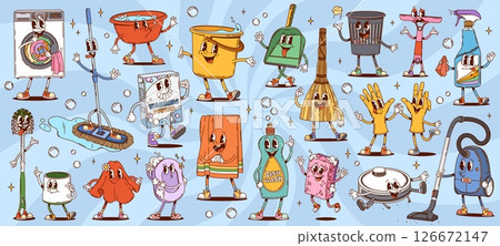 Groovy cleaning, washing and household characters of vector housekeeping tools and supplies. Funny retro bucket, broom and mop, soap, gloves and sponge. Groovy washing machine and vacuum characters 126672147