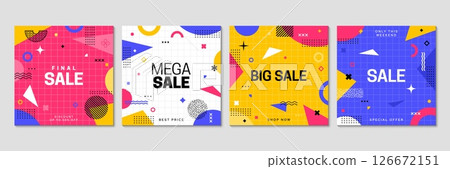 Sale Memphis banners with abstract geometric shapes pattern, vector shop promo posters. Big Sale banners for discount promotion and price special offer with Memphis geometric shapes and color splash Sale Memphis banners with abstract geometric shapes pattern, vector shop promo posters. Big Sale banners for discount promotion and price special offer with Memphis geometric shapes and color splash 126672151