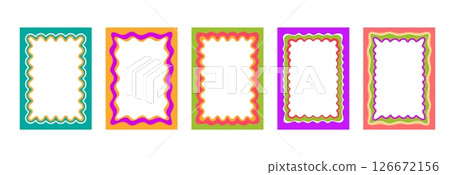 Color groovy scallop Y2K frames and borders with wavy shape pattern edges, vector backgrounds. Groovy scallop frames of rectangle shape with retro wave borders design for picture photo photoframe 126672156