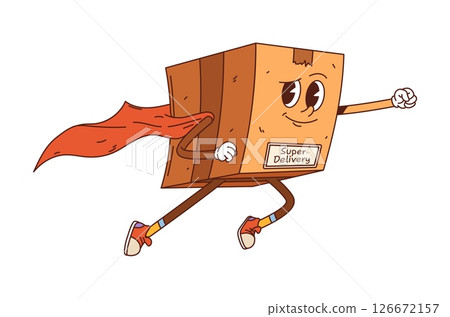 Cartoon groovy delivery cardboard box superhero character. Vector post service or express shipping retro personage wearing red cape and sneakers. Isolated funny parcel, pack flying with confidence Cartoon groovy delivery cardboard box superhero character. Vector post service or express shipping retro personage wearing red cape and sneakers. Isolated funny parcel, pack flying with confidence 126672157
